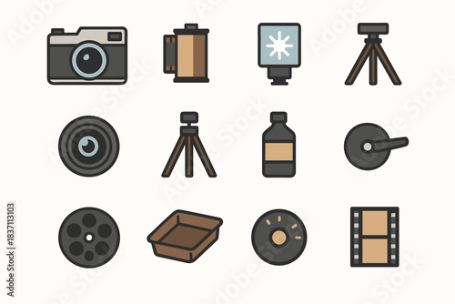 Bottle photo film flash shutter vintage lever icons vector icon lens chemical
