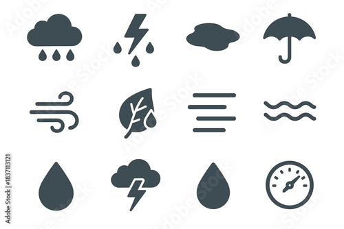 Puddle fog lightning wet icon symbol leaf gust weather vector rainy umbrella