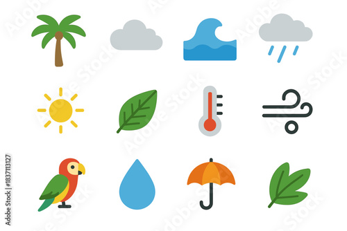 Breeze thermometer climate tropical umbrella icons sun palm icon parrot vector rain
