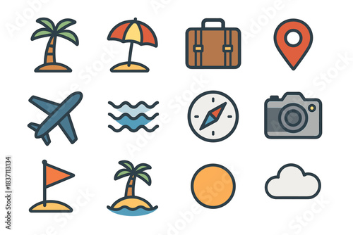 Vector flag icon vacation umbrella palm beach tree set wave camera sun