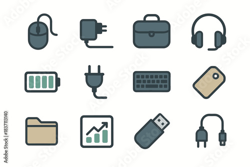 Drive tag icons charger bag keyboard flash vector chart cable icon accessories