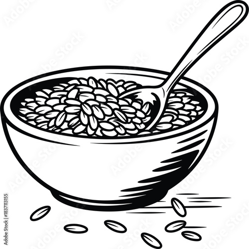 Black and White Illustration of Cereal Bowl with Spoon and Scattered Grains food