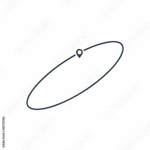 Simple line illustration showing circular communication path with geolocation pin marker. Abstract digital communication path represents data flow, global network connections.