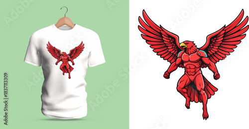 Epic t-shirt vector illustration of a powerful winged warrior character with muscular red armor plates, large feathered wings extended outward, defined chest and arm anatomy, angular helmet details