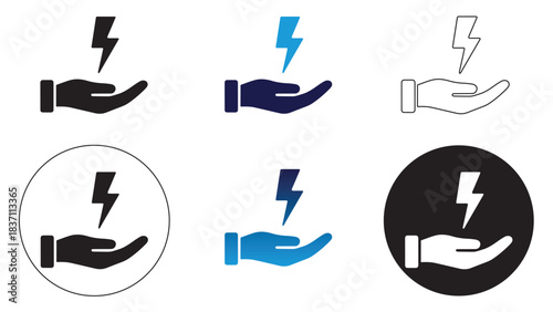 Hand Holding Lightning Bolt Icon Set: Energy, Power, Electricity, Charge Symbol Vector Collection.