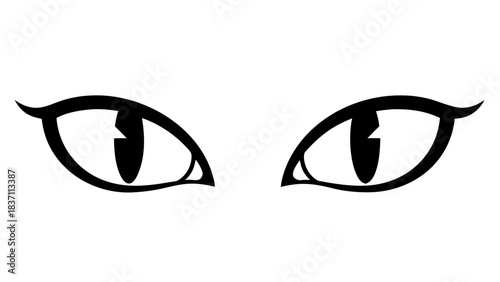 Close Up Of Stylized Black Cat Eyes With Slit Pupils Against A White Background Minimalist Design And Simple Illustration