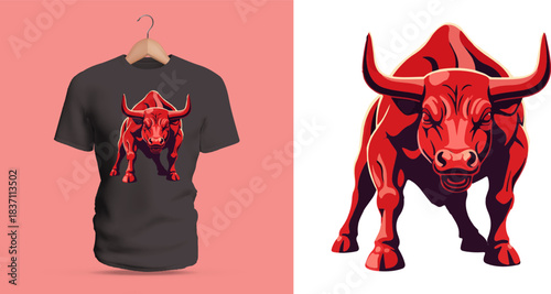 Dynamic t-shirt vector illustration of a charging red bull in a strong forward-leaning stance, featuring powerful muscular build, sharp angular contours, lowered horns ready for impact, deep red