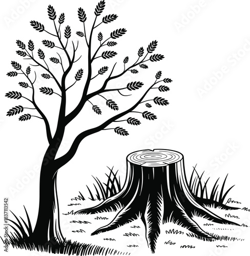 Black and White Silhouette of a Tree and Tree Stump Keywords: tree, stump, trunk, roots