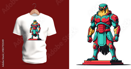 Futuristic t-shirt vector illustration of an armored cyber warrior standing upright, featuring brightly colored teal and red plating, mechanical limb segments, heavy reinforced chest armor, glowing