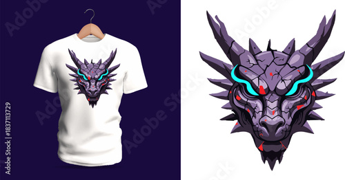 Detailed t-shirt vector illustration of a dark spiked dragon mask featuring sharp horn-like protrusions, glowing magenta eyes, layered stone-like scale textures, angular bone-inspired contours