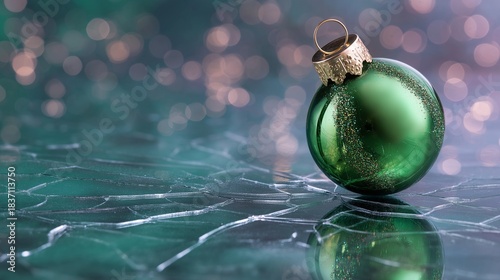 Shiny green Christmas ornament on a reflective frosty surface. Creative Christmas and New Year festive concept with copy space.
