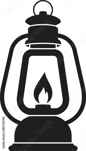Black silhouette of a vintage kerosene lantern with a lit flame oil lamp