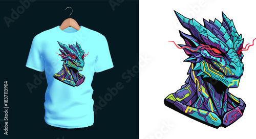 Futuristic t-shirt vector illustration of a techno cyber dragon head composed of neon circuitry patterns, angular crystalline plating, glowing red eye lines, electric blue and purple highlights,