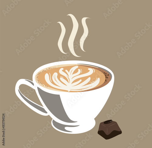 Isolated white cup of coffee with milk and chocolate candy.