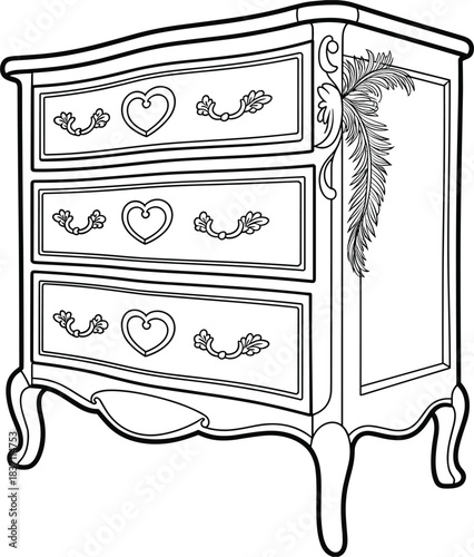Vintage ornate chest of drawers with heart drawer pulls and feather detail antique furniture
