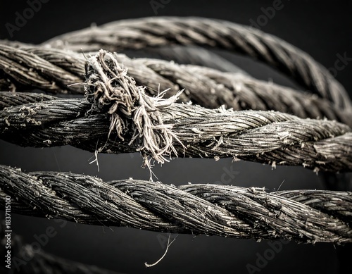 Close-up of weathered, thick rope with detailed texture, loops
