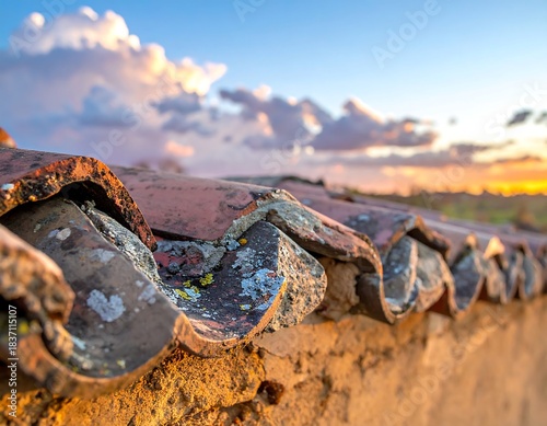 Close-up of weathered roof tiles with sunset and clouds in the background