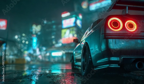 Sleek sports car with glowing taillights parked on a rainy city street at night with vibrant neon signs and wet reflections on the pavement