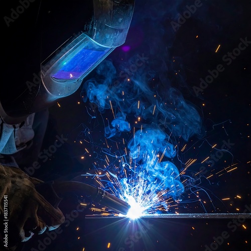 Close-up of welding sparks emitting vibrant blue light