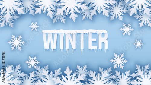 Beautiful winter background with stunning snowflakes. Blue winter background with 3D snowflakes for design. Blue winter background with a frame of beautiful snowflakes. Vector illustration.