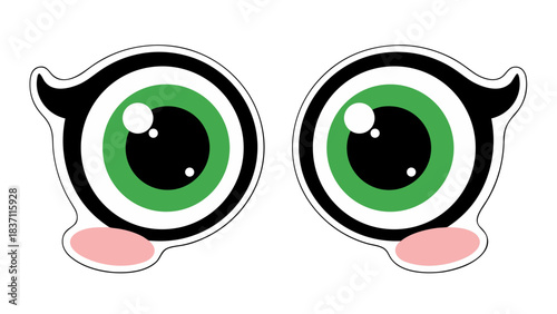 Cute Cartoon Eyes with Green Irises and Pink Cheeks on Black Background Adorable Animation Style Illustration Vibrant and Playful Expression