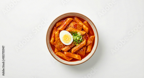 Flat lay top view of spicy Korean Tteokbokki rice cakes with boiled egg and fish cakes in ceramic bowl.