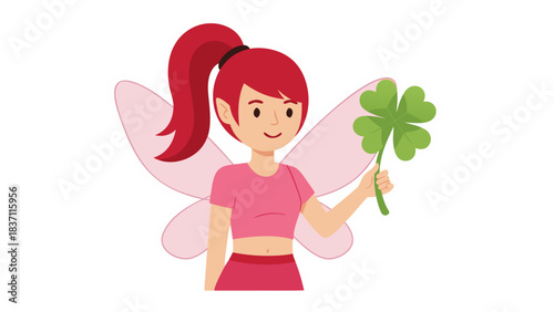 Cute Cartoon Fairy Holding a Four Leaf Clover Symbol of Luck and Good Fortune with Pink Wings and Hair Wearing a Pink Outfit and Skirt