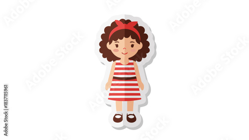 Cute cartoon girl with curly brown hair wearing a red and white striped dress and red headband standing against a black background with a white outline and shadow.