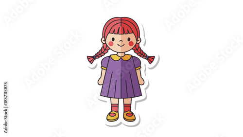 Cute Cartoon Girl With Red Pigtails Wearing A Purple Dress And Yellow Collar Standing On A Transparent Background With A Slight Shadow