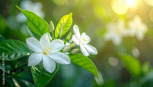 Close-up of white flowers, buds, and green leaves, bright sunlight