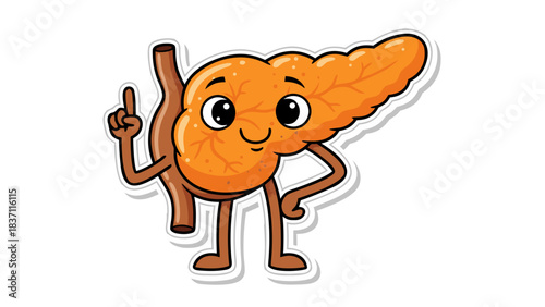 Cute Cartoon Pancreas Character with Friendly Eyes and Orange Color with Arms and Legs Gesturing Index Finger Up Suggesting Idea on Black Background