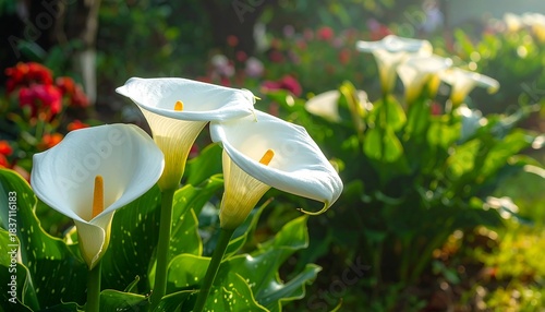 Close-up of white, calla lily blooms with vibrant, yellow spadix