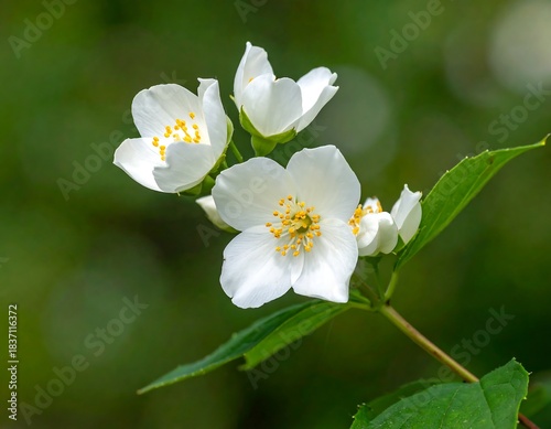 Close-up of white flowers with yellow centers, green leaves