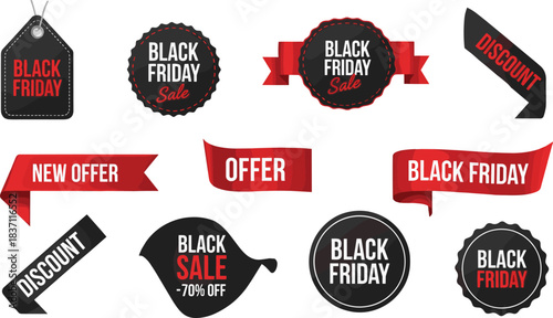 Black Friday Sale Labels and Tags Collection, Set of Discount Stickers, Price Ribbons, and Promotional Banners for Seasonal Marketing, Shop, and Retail Business.