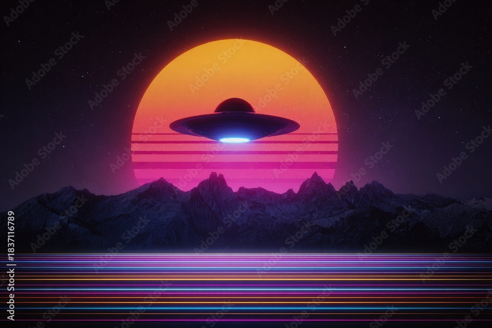 Obraz premium Retro synthwave UFO over mountains with neon horizon, starry night
