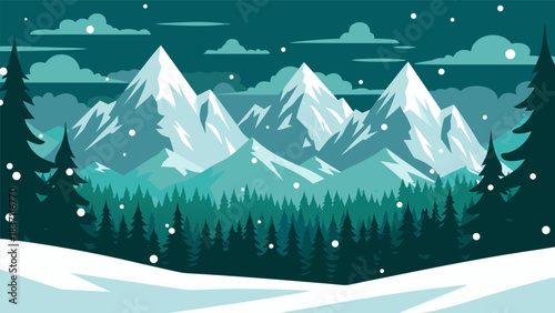 Vast Winter Mountain Range Landscape with Snowy Peaks and Pine Forest During a Gentle Snowfall Vector Illustration Design