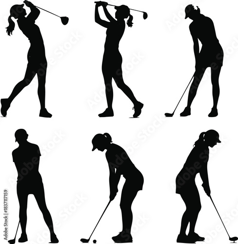 Silhouettes of Women Playing Golf in Various Poses