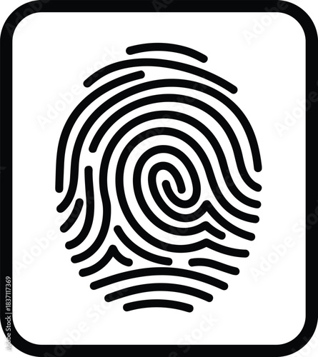Black and white vector icon of a distinctive fingerprint in a rounded square frame, representing security, identity, biometrics, privacy, and digital access control for technology design.