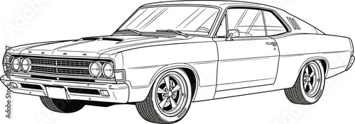 Classic American muscle car vector illustration, vintage sports coupe outline, black and white line art for coloring book, retro automotive design, racing vehicle sketch.