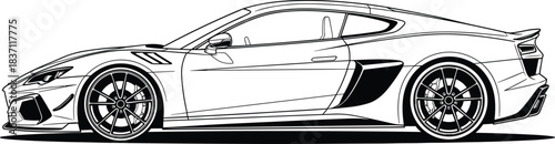 Detailed black and white outline drawing of a high-performance modern vehicle with aggressive styling, low profile, and large custom wheels for automotive design.
