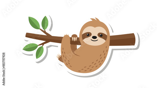 Cute Cartoon Sloth Hanging From Tree Branch With Green Leaves Simple Flat Design With White Outline On Black Background