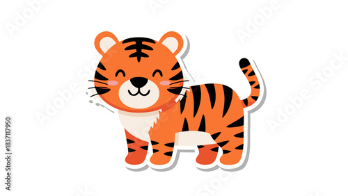 Cute Cartoon Tiger Cub With Orange Black Stripes And White Belly Stands On Its Four Legs With A Happy Expression On Its Face With Blushed Cheeks And A Curved Tail