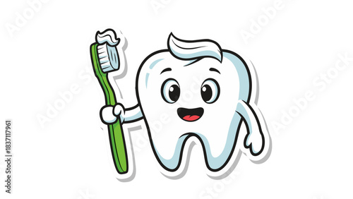 Cute Cartoon Tooth Character Holding a Green Toothbrush with White Toothpaste Brushing Teeth Teeth Cleaning Dental Hygiene Concept