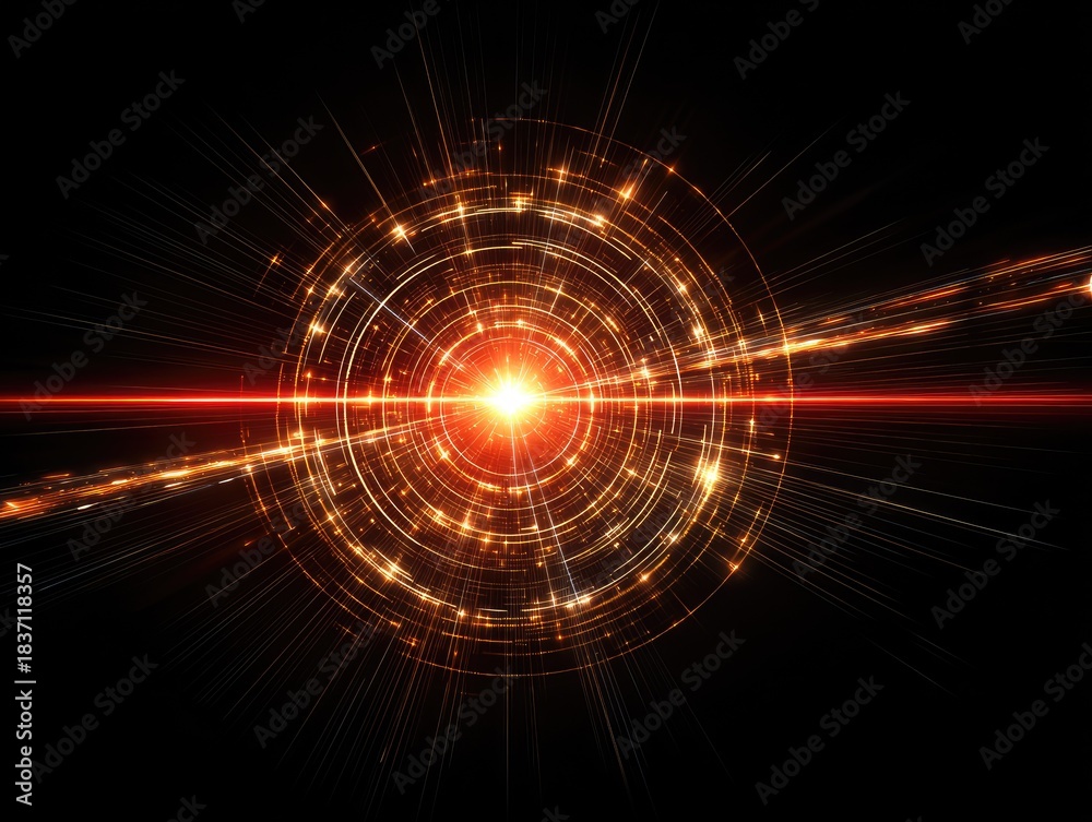 Obraz premium Abstract fiery rings radiate outward from a central bright light source against a dark backdrop