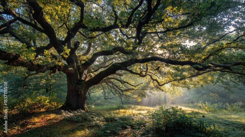 A large tree with sprawling branches fills the forest scene. Sunlight breaks through the leaves creating a warm atmosphere in the early morning. Nature displays its beauty.