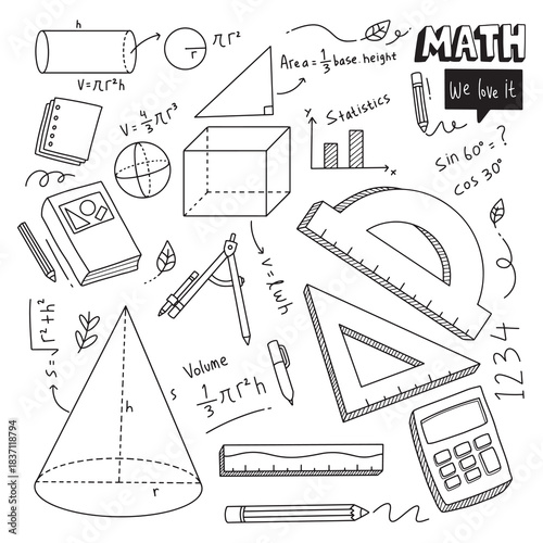 Mathematics subject doodle design. Education and study concept. Back to school background for notebook, notepad, sketchbook. Hand drawn illustration