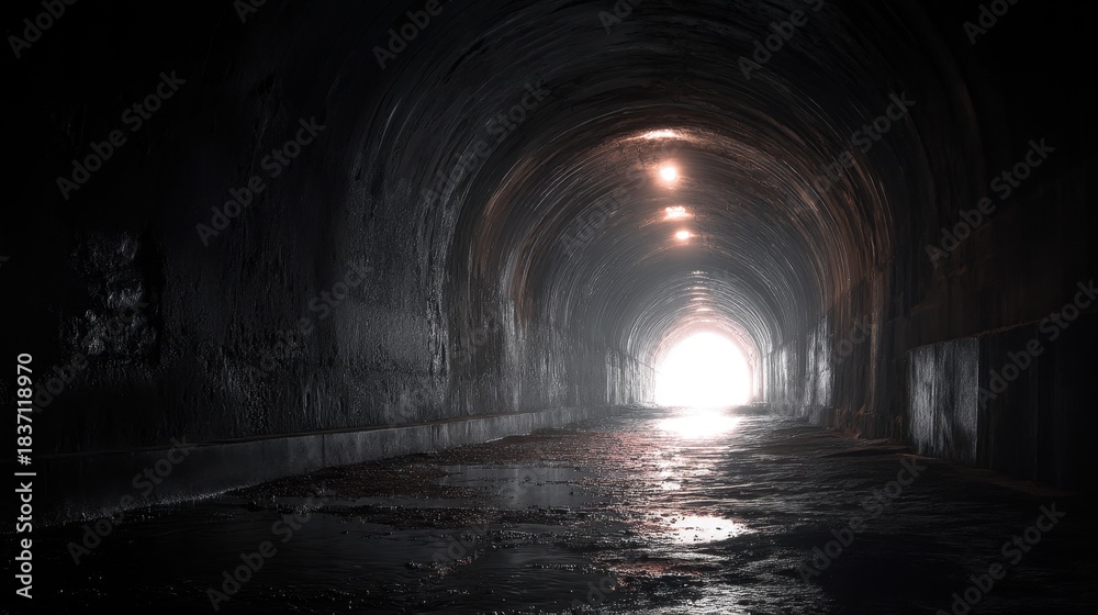 Fototapeta premium A dark tunnel stretches ahead illuminated by soft lights along the ceiling. Bright light is visible at the end of the tunnel suggesting an exit or opening.