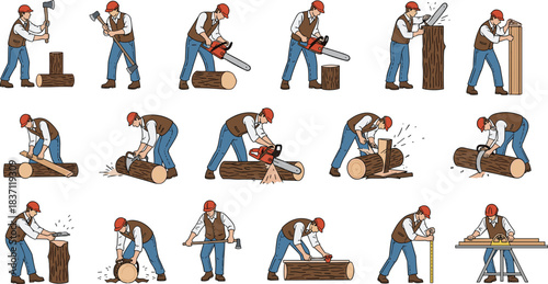 Woodworking cartoon, lumber process, carpenter actions, tools usage, worker illustration, timber cutting, sanding wood, measuring, chainsaw, table saw, axe