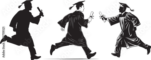 Silhouettes of graduating students celebrating their achievement with joyful movement and excitement