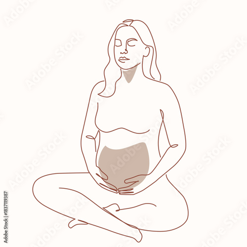 Pregnant Woman Relax Holding Her Belly one line drawing. Pregnant Woman Relax Holding Her Belly single line illustration. Pregnant Woman Relax Holding Her Belly minimalist line art 